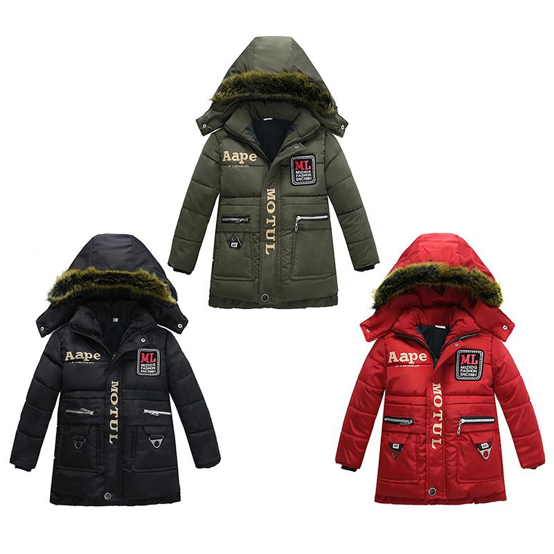 Baby Boy Thickening Snowsuit Fur Collar Hooded Cotton Padded Jacket Letter Printed Buttons Zipper Pocket Parka Winter Clothes Windbreaker